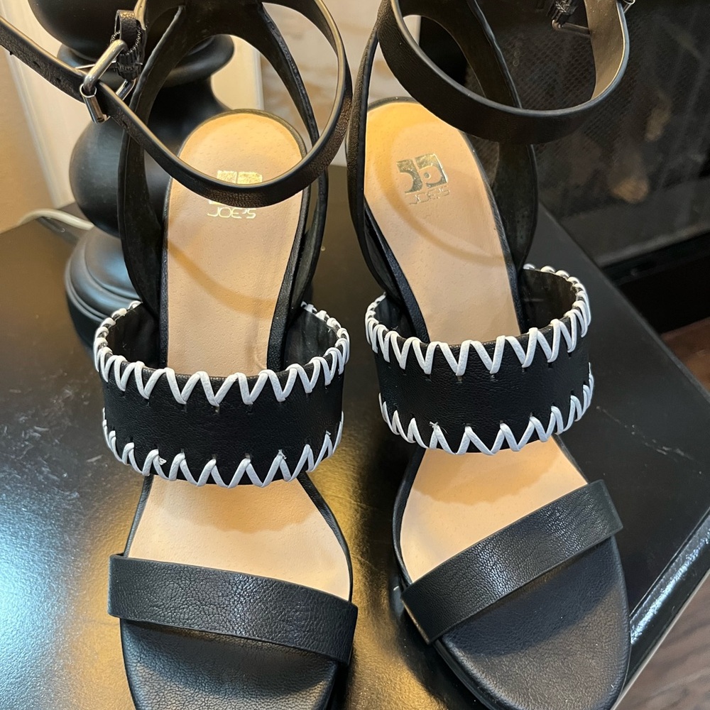 Black leather with white leather stitching ankle strap heels w/replacement
